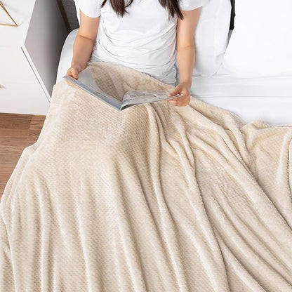 PAVILIA Beige Cream Throw Blanket for Couch, Twin Bed, Soft Fleece Throws for Sofa Chair, Fuzzy Waffle Textured Blanket, Cozy Warm Lightweight All Season Blanket Throw, 60x80