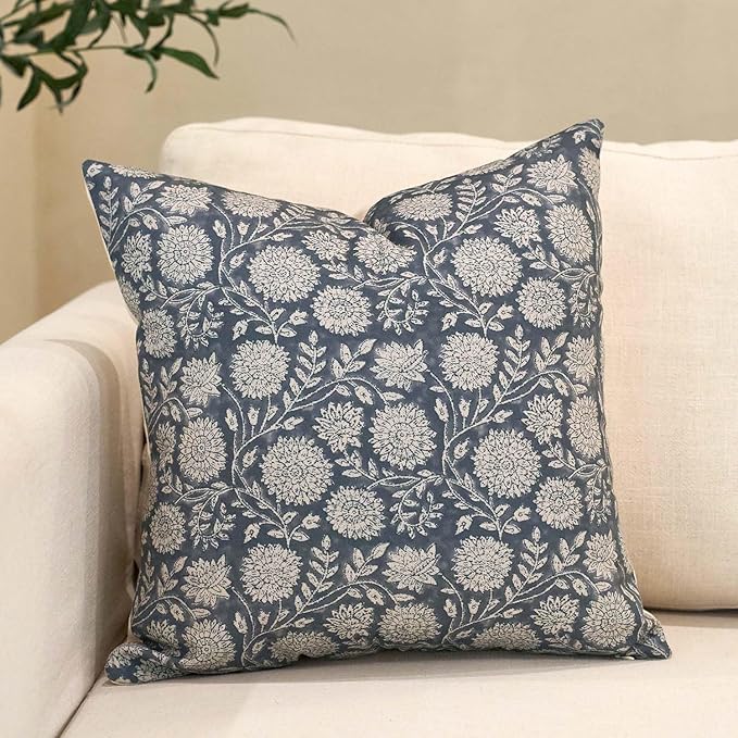 Amor Virisso Floral Pillow Covers 20x20 Throw Pillow Covers Vintage Block Print Pillow Cover Neutral Couch Pillows for Living Room Farmhouse Decorative Accent Sofa Pillows, Dusty Blue