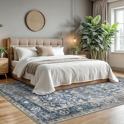 KUTA Floral Area Rugs for Living Room 8x10 Blue Grey Beige, Washable Large Rug for Bedroom 8ft x 10ft Non-Slip, Low-Pile Ultra Thin Soft Printed Vintage Medallion Distressed Dining Room Carpet