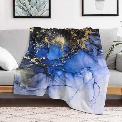 Modern Marble Blanket, Abstract Luxury Baroque Golden Dark Blue Stone Veins Pattern Soft Warm Cozy Plush Flannel Covers for Livingroom Bedroom Couch Chair Camping Travel Home Decor Tapestry 30x40in