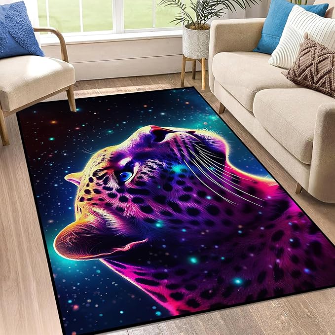 Galaxy Leopard Rug Fierce Panther Head Area Rugs for Boys Kids Bedroom Living Room Gameroom Girls Glitter Carpet Floor Mat Throw Rugs 59 in x 39 in