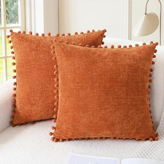 CaliTime Fall Throw Pillow Covers Decorative 18 X 18 Inches Pack of 2 Cozy Solid Dyed Soft Chenille Cushion Cases with Pom Poms for Couch Sofa Bed Living Room Home Burnt Orange