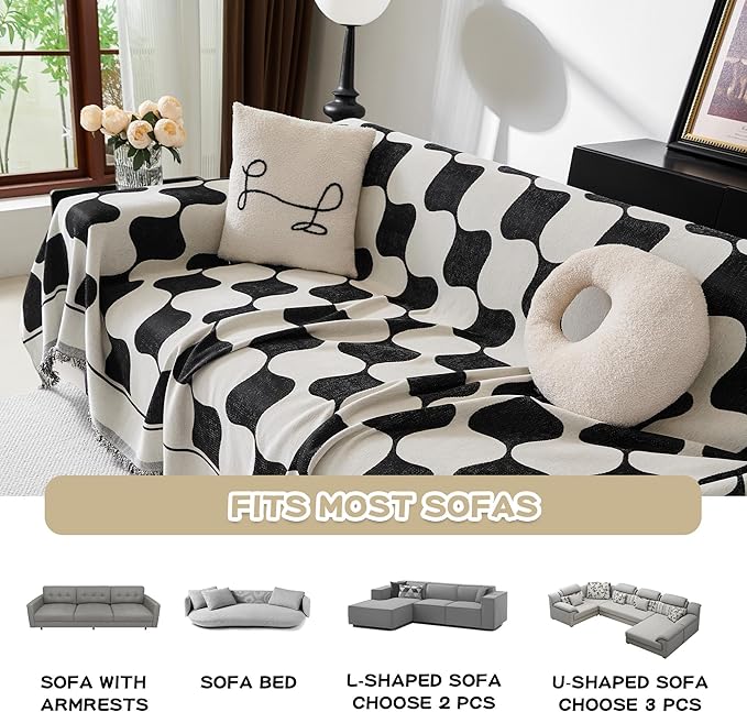 MEETSKY Sofa Covers Washable Couch Covers for 3 Cushion Couch Sofa Pet Friendly, Simple Modern Plaid Jacquard Couch Covers for Dogs, 91" x 118", Black Checkerboard
