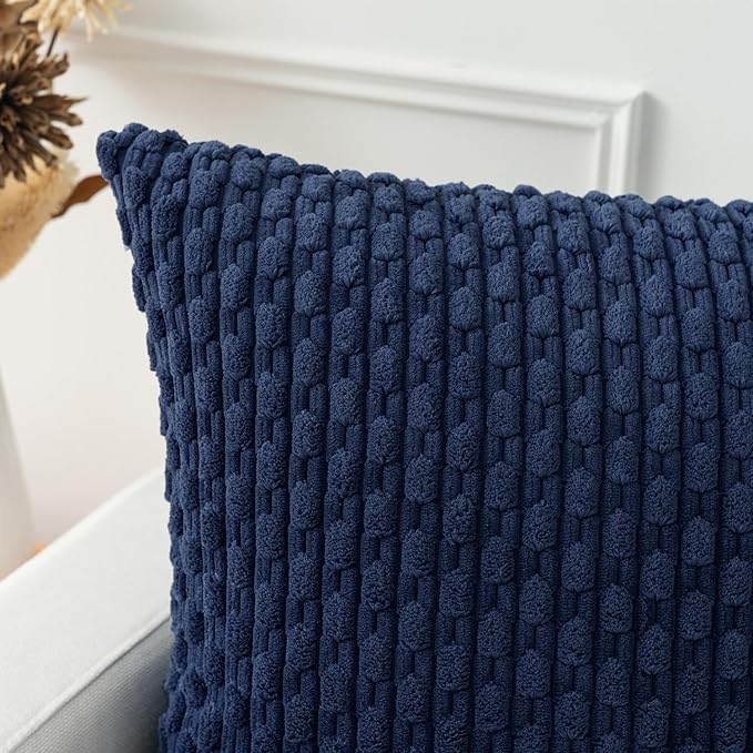 Kevin Textile 14x36 Inch Long Lumbar 1 Pack Boho Decorative Throw Pillow Cover Soft Striped Corduroy Rectangle Cushion Case Farmhouse Solid Color Accent for Living Room Couch Sofa Bed, Navy Blue