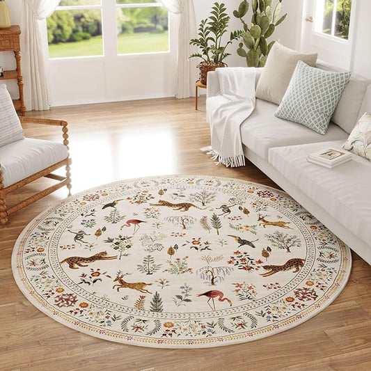 Rugcomf Round Rug 6ft Washable Circle Rug Non Slip Low Pile Boho Floral Animal Small Circular Rug for Bedroom, Bathroom, Entryway, Kids Room, Office, College Dorm (Beige)
