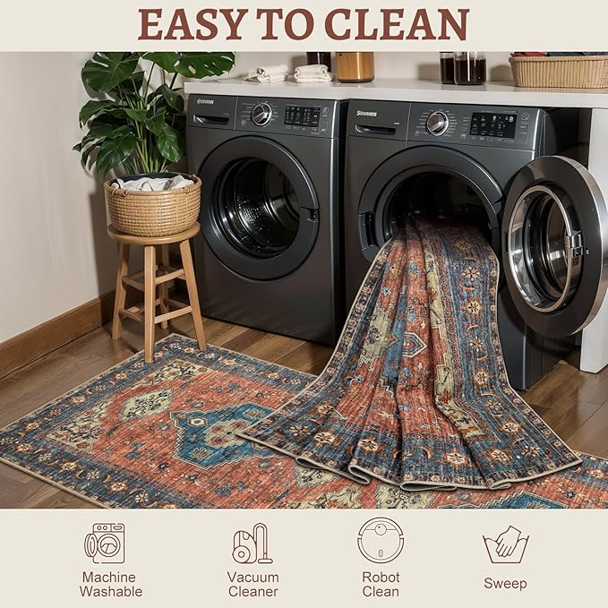 Tangsoo 2.6x8 Washable Runner Rug for Hallways, Non Slip Vintage Runner Rug, Soft Low Pile Long Rug Runner, Print Carpet Runners for Kitchen Bedroom Entryway Bathroom Living Room Terracotta