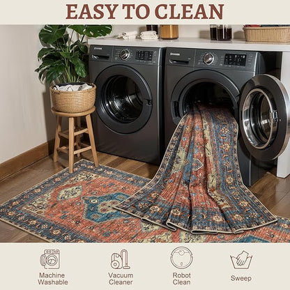 Tangsoo 2.6x10 Washable Runner Rug for Hallways, Non Slip Vintage Runner Rug, Soft Low Pile Long Rug Runner, Print Distressed Carpet Runners for Kitchen Bedroom Entryway Living Room Terracotta