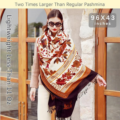 DANA XU 100% Merino Wool Pashmina Shawl for Women 96"x43", Oversized Cashmere Wrap with Tassels, Floral Travel Blanket Cape