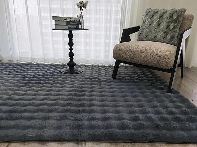 GLORY RUGS Area Rugs Bubble Soft Faux Rabbit Fur Rug 5x7 Polar Gray Plush Carpet Shag Cozy Fluffy Rug Non Slip Rugs, Machine Washable Shaggy Area Rug Bedroom Living Room and Dining Room.