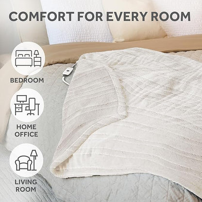Sunbeam Royal Sherpa Foot Pocket Heated Throw Electric Blanket, 50" x 60", 4 Heat Settings, 4-Hour Auto Shut-Off, Warming Throw for Couch or Bed, Fast Heating, Machine Washable, Natural