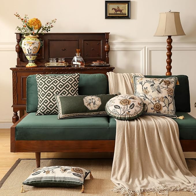 ISAENNE Design Linen Classic Vintage Throw Pillow Covers 18"x18" Pack of 2, Minimalist Square Cushion Covers with Green Irregular Plaid Pattern Decor Pillowcases for Bed,Living Room,Outdoor,Car