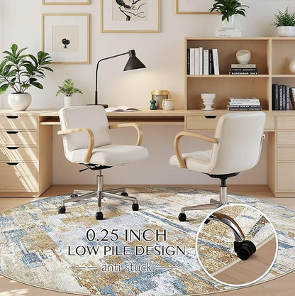 Abstract Living Room Rug 9x9 - Modern Washable Soft Thin Area Rug for Living Room Bedroom Under Dining Table - Neutral Indoor Floor Rug Carpets for Home Office Playroom Nursery - Blue Gold