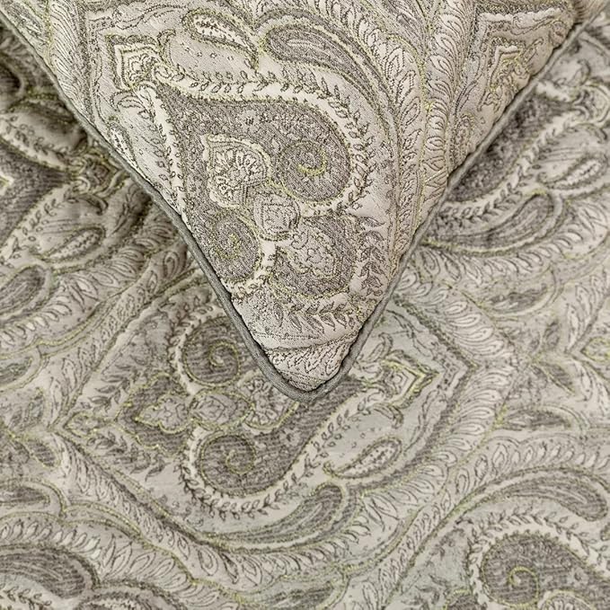 The HomeCentric King/Queen/Twin Grey Designer CA King 86"x18" Bed Runner with 2 Pillow Cover, Quilted, Damask& Gold Zari Embroidery Bed Scarf on Silk Fabric - Winifred