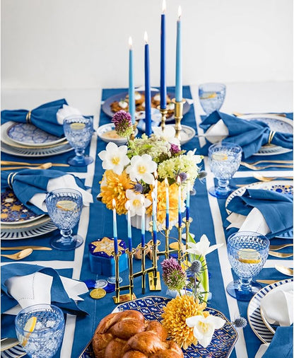 Solino Home Linen Indigo Blue Table Runner 144 Inches Long - 100% Pure Linen Extra Long Table Runner 14 x 144 Inch - Classic Hemstitch