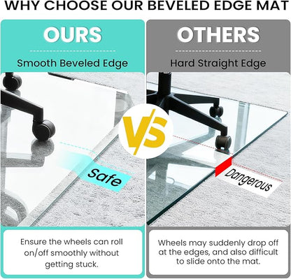 Tempered Glass Chair Mat with Patented Beveled Edge, 46”x55” 1/5" Thick Office Floor Mat for Carpet & Hardwood, w/ 12 Anti-Slip Pads