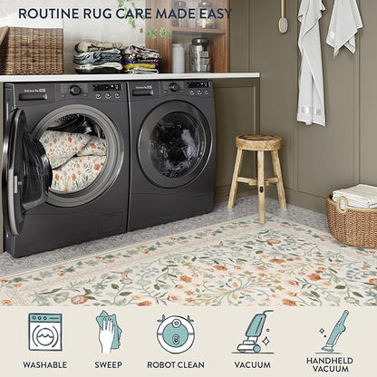 Lahome Floral Area Rug 9x12, Non-Slip Untra-Thin Washable Living Room Rugs, Vintage Botanical Print Low-Pile Soft Botanical Rug for Bedroom Dining Room Office, Beige