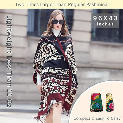 DANA XU 100% Merino Wool Pashmina Shawl for Women 96"x43", Oversized Cashmere Wrap with Tassels, Floral Travel Blanket Cape