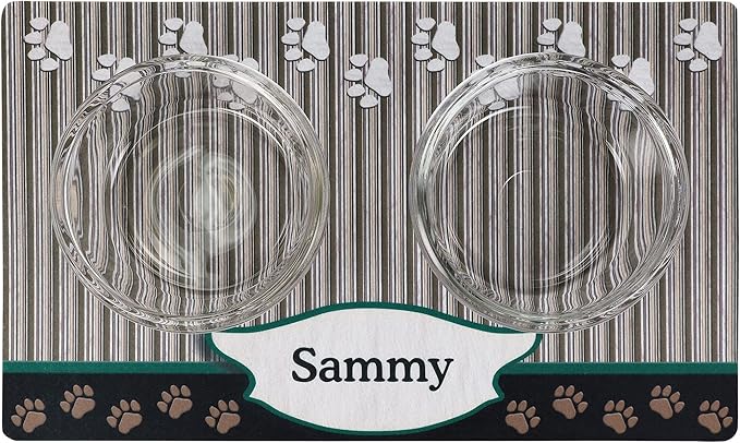 Drymate Personalized Pet Bowl Placemat, Custom Dog & Cat Food Feeding Mat - Absorbent Fabric, Waterproof Backing - Machine Washable/Durable (USA Made) (12" x 20") (Green Tan Paw)