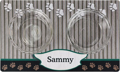 Drymate Personalized Pet Bowl Placemat, Custom Dog & Cat Food Feeding Mat - Absorbent Fabric, Waterproof Backing - Machine Washable/Durable (USA Made) (12" x 20") (Green Tan Paw)
