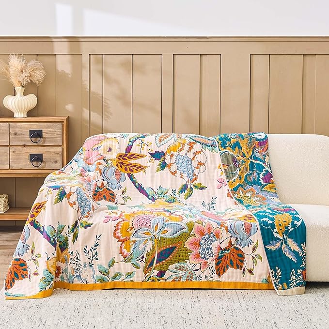 Farmhouse Throw Blanket, 50"x 60" Boho Throw Blankets for Couch Cover, 100% Cotton Bohemian Vintage Quilt for All Seasons Reversible Florals Lightweight Picnic Blankets Home Decoration
