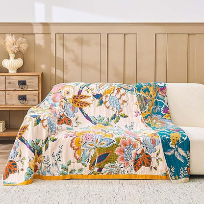 Farmhouse Throw Blanket, 50"x 60" Boho Throw Blankets for Couch Cover, 100% Cotton Bohemian Vintage Quilt for All Seasons Reversible Florals Lightweight Picnic Blankets Home Decoration