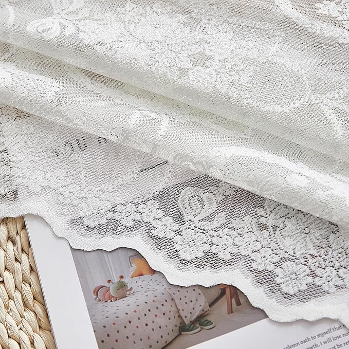 Bright White Vintage Country Floral Lace Sheer Curtains 84 Inches Long -Rod Pocket Light Filtering French Privacy Scalloped Edges Rod Pocket Boho Bedroom ，52 x 84 Inch, 2 Panels