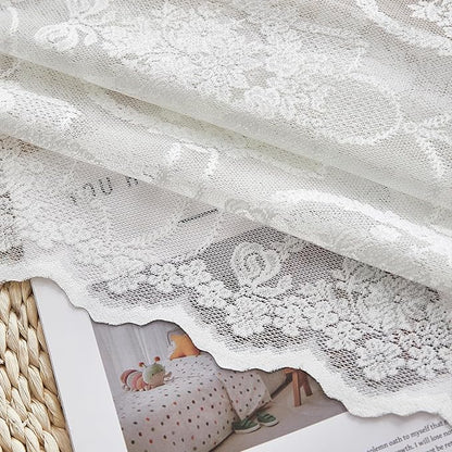 Bright White Vintage Country Floral Lace Sheer Curtains 84 Inches Long -Rod Pocket Light Filtering French Privacy Scalloped Edges Rod Pocket Boho Bedroom ，52 x 84 Inch, 2 Panels