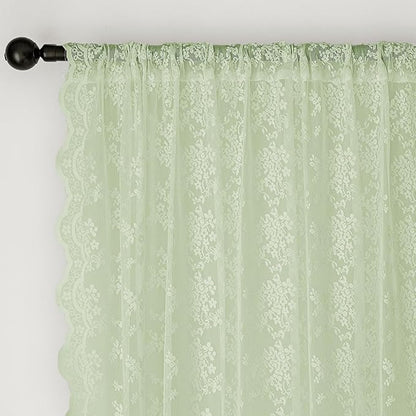 Anmao Vintage Lace Curtains 102 Inches Long 2 Panels, Romantic Semi Sheer Floral Lacy Curtain for Living Room, Elegant Window Drapes for Bedroom, Each 55W x 102L, Light Green