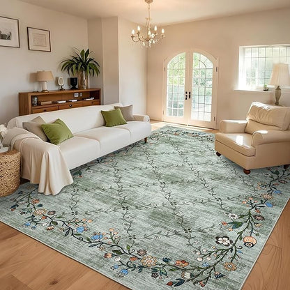 GarveeHome 8x10 Washable Floral Area Rugs for Living Room: Modern Floral Non Slip Large Area Rugs for Bedroom, Large Machine Washable Living Room Low Pile Carpet with Non-Slip Backing Green 8'x10'.