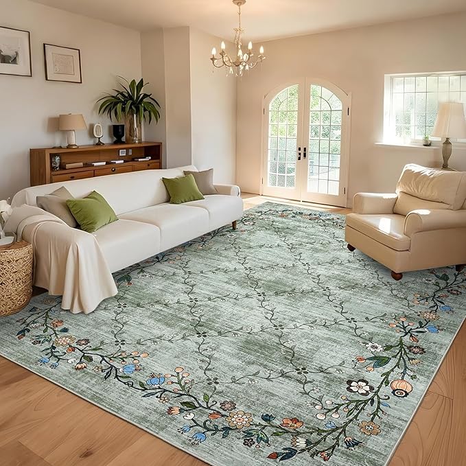 Garveehome 5x7 Washable Floral Area Rugs for Living Room: Modern Floral Non Slip Large Area Rugs for Bedroom, Large Machine Washable Living Room Low Pile Carpet with Non-Slip Backing Green 5 ft x7 ft.