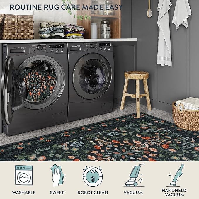 Lahome 9x12 Rugs for Living Room, Non-Slip Stain Resistant Dining Room Rug Washable Untra-Thin Soft Large Carpet, Vintage Botanical Print Low-Pile Carpet for Bedroom Office, Black