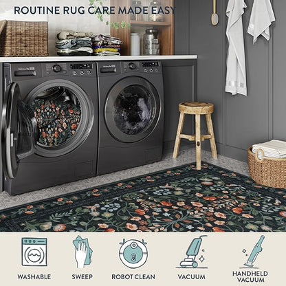 Lahome 9x12 Rugs for Living Room, Non-Slip Stain Resistant Dining Room Rug Washable Untra-Thin Soft Large Carpet, Vintage Botanical Print Low-Pile Carpet for Bedroom Office, Black