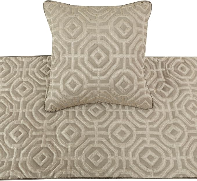 The HomeCentric King/Queen/Twin Beige Designer Twin 53"x18" Bed Runner with 2 Pillow Cover, Textured Bed Scarf on Silk Fabric - Hexagonal Norma