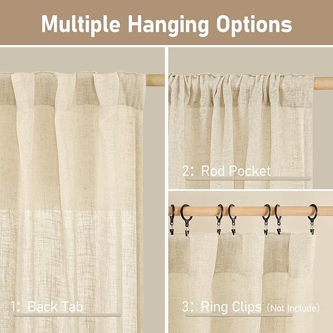 LAMIT Linen Semi Sheer Curtains 96 inches Long 2 Panels Set, Light Filtering Panels Back Tab and Rod Pocket Floor to Ceiling Curtains for Bedroom/Living Room, Beige, 52 x 96 Inch