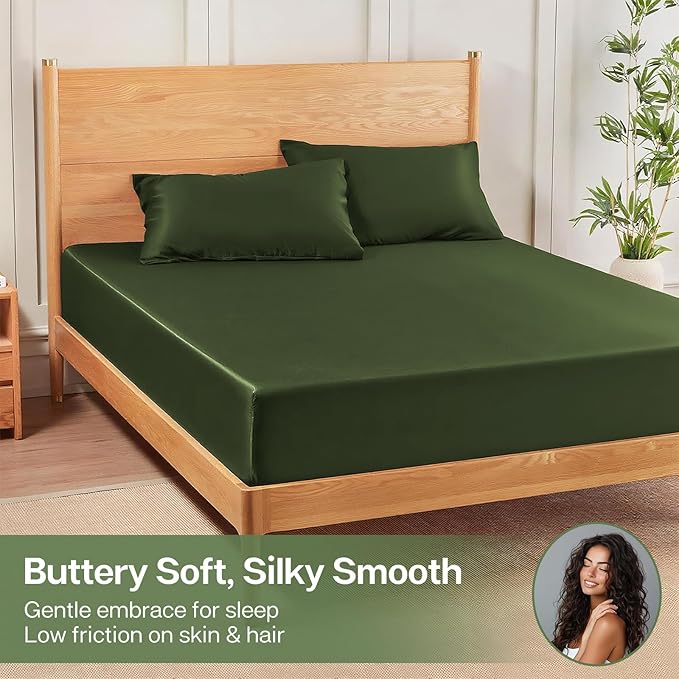 MR&HM King Fitted Sheet Only, Ultra-Soft Rayon Derived from Bamboo & Polyester Blend, Silky & Breathable, 15" Deep Pocket with Elastic Straps, Cooling Fitted Sheet for Hot Sleepers, Olive Green