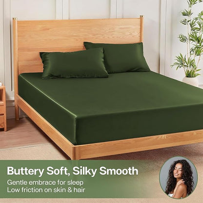 MR&HM Queen Fitted Sheet Only, Ultra-Soft Rayon Derived from Bamboo & Polyester Blend, Silky & Breathable, 15" Deep Pocket with Elastic Straps, Cooling Fitted Sheet for Hot Sleepers, Olive Green