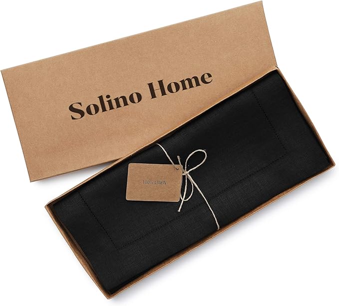 Solino Home Linen Black Table Runner 48 Inches - Classic Hemstitch, 100% Pure Linen Coffee Table Runner 14 x 48 Inch Ideal for Dresser Tables - Winter, Holiday, Christmas