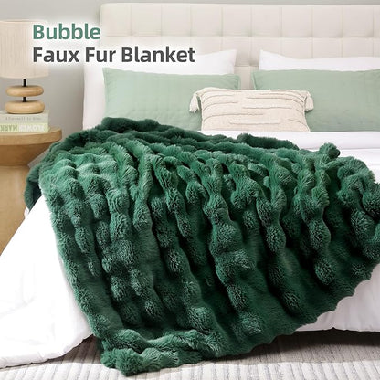 Smoofy Faux Fur Throw Blanket for Couch – Dark Green Fluffy Cozy Rabbit Fleece, Plush Soft Bubble Blanket for Sofa & Bed, for Mom, Warm Fuzzy Home Room Decor Throw 60" x 80"
