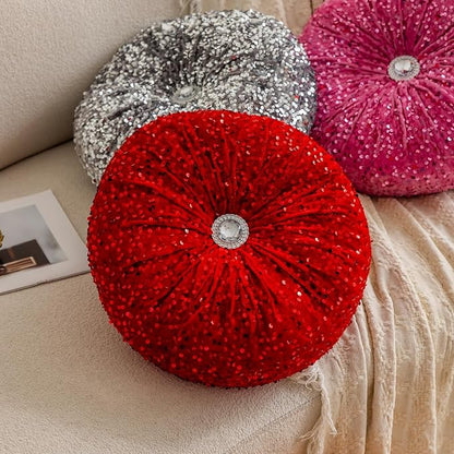 Round Throw Pillow, 13.7in Soft Solid Color Sequin Glitter Decorative Round Pillow Circle Floor Pillows Cushions for Sofa Bed Chair Living Room Floor Car Home Decoration, Red