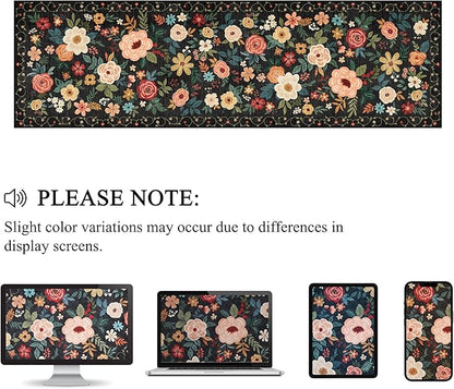 DUKINO Runner Rug, 2x10 Kitchen Runner Rug for Hallway with Non Slip Backing, Washable Low Pile Soft Boho Floral Carpet for Kitchen, Entryway, Hallway, Laundry, Bedroom, Black