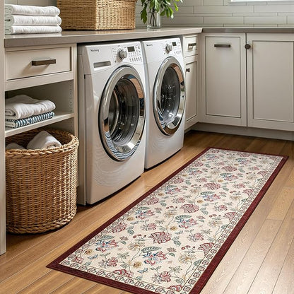 jinchan Elora 2x5 Floral Runner Rug for Hallway Washable Runner Vintage Romance Christmas Design Non Slip Thin Indoor Floor Cover Low-Profile Throw Carpet for Entryway Bathroom Bedroom, Red/Beige