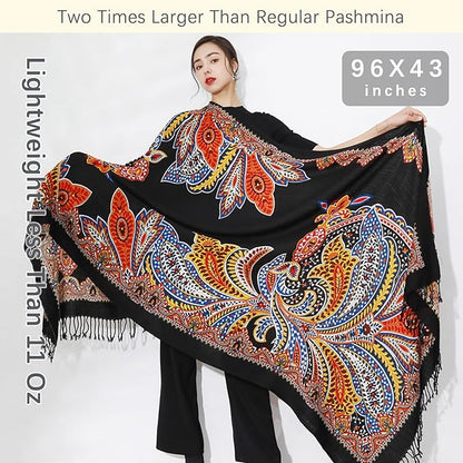 DANA XU 100% Merino Wool Pashmina Shawl for Women 96"x43", Oversized Cashmere Wrap with Tassels, Floral Travel Blanket Cape