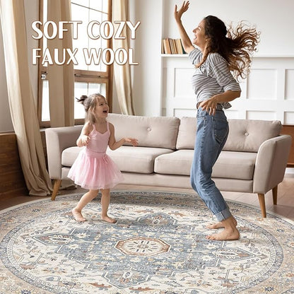 Round Rug Living Room Rugs: 4x4 Washable Boho Neutral Large Circle Soft Indoor Distressed Stain Resistant Floor Farmhouse Carpet for Bedroom Nursery Kids Playroom Office Dining Room Dorm- Beige Blue