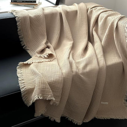 MorroMorn 100% Cotton Muslin Throw Blanket with Fringes 50"x60", 4-Layer Gauze Blankets for Adults, Boho Bedding Breathable Lightweight Ultra-Soft Farmhouse Decor for Couch Bed All Seasons, Khaki