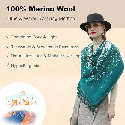 DANA XU 100% Merino Wool Pashmina Shawl for Women 96"x43", Oversized Cashmere Wrap with Tassels, Floral Travel Blanket Cape