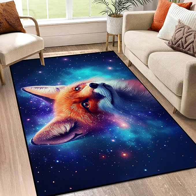 Galaxy Fox Rug 3D Cute Foxes Area Rugs for Bedroom Living Room Playroom Boys Kids Cartoon Colorful Carpet Glitter Stars Throw Rugs Floor Mat 59 in x 39 in