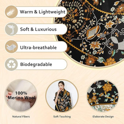 DANA XU 100% Merino Wool Extra Large Pashmina Blanket Travel Scarf Cashmere Wrap for Women Fall Winter Oversize Shawl Floral