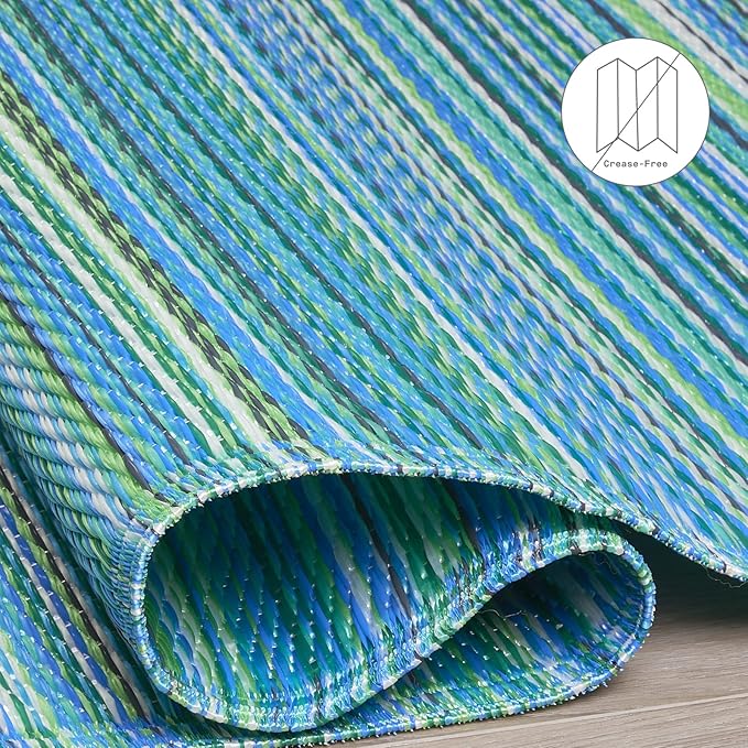 Fab Habitat Striped Outdoor Rug - Waterproof, Fade Resistant, Crease-Free, Reversible - Premium Recycled Plastic - Patio Porch Balcony Deck - Cancun TurquoiseMoss Green - 8x10 ft