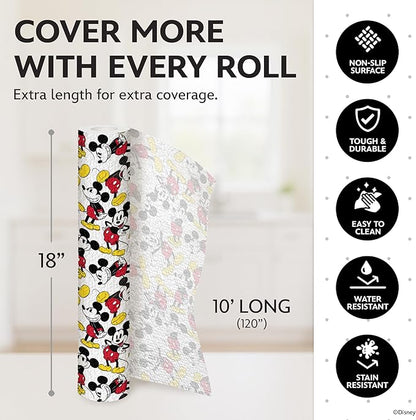 Disney Non Adhesive Shelf Liner – 18”x 10 ft Water-Resistant Drawer Liners for Kitchen Cabinets, Pantry, Fridge & Dressers – Easy Cut Cabinet Liner Roll- Mickey Mouse, Stitch & Winnie The Pooh