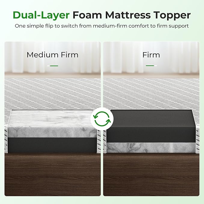 Bamboo Mattress Topper King Size 4 Inch, Cooling Gel & Bamboo Charcoal Memory Foam Mattress Topper for Back Pain Relief, Firm Dual-Layer Foam Bed Pad with Removable Cover